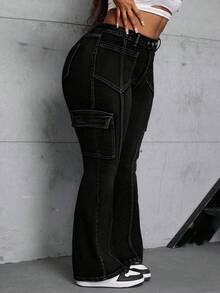 SHEIN SXY Blugi elastici evazați pentru femei, mărime mare, de iarnă - Negru - Vizualizare 5