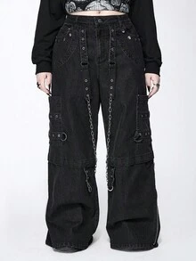 ROMWE Grunge Punk 大码街头朋克风格链条装饰宽松黑色牛仔裤，大码日常黑色牛仔裤，休闲女式下装，大码女式下装，秋冬街头时尚大码牛仔裤 - 黑色 - 查看 4