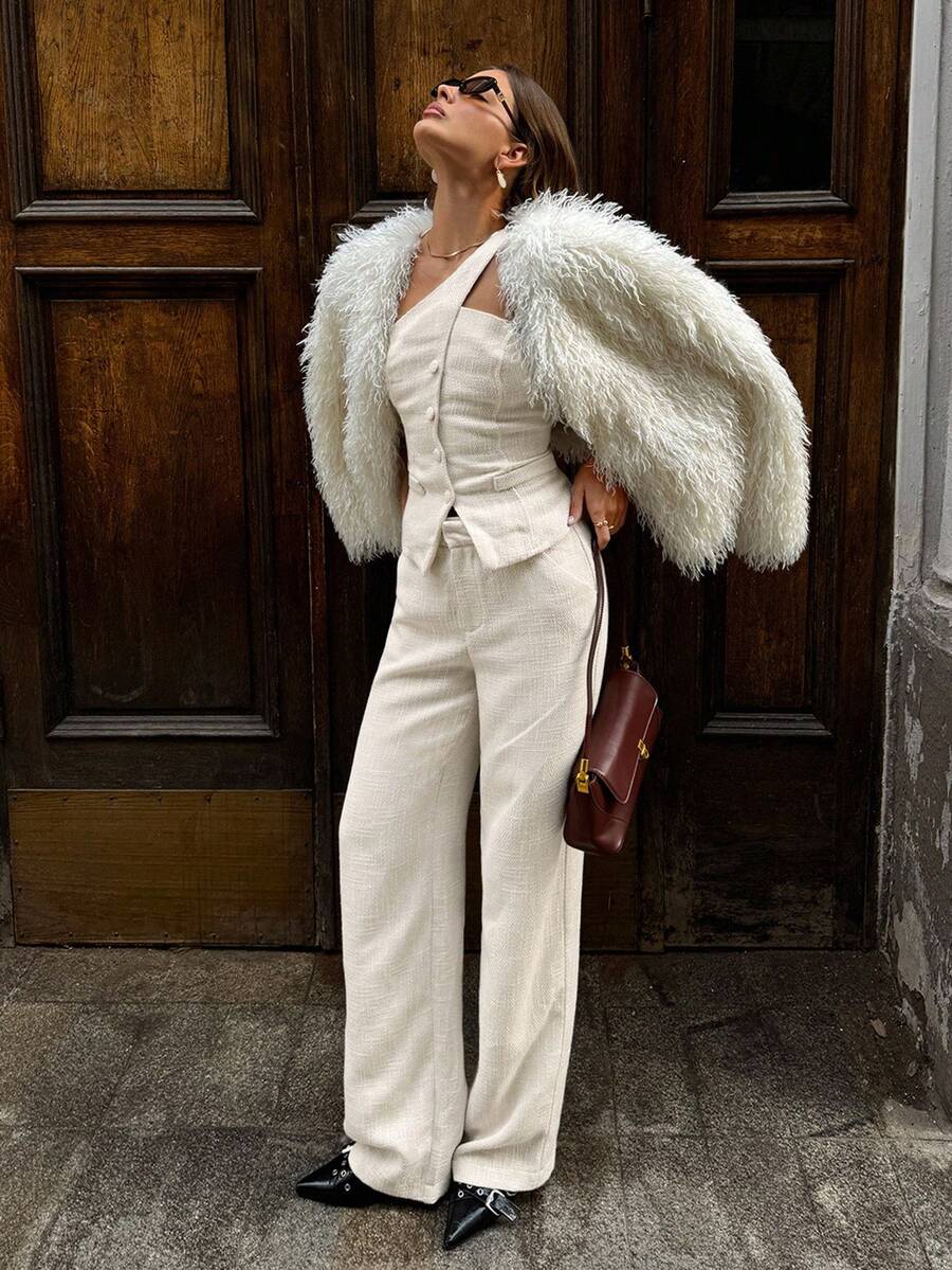 SHEIN BAE Women's Solid Color Asymmetric-Shoulder Top And Pants Suit Autumn Winter Clothes For Women - White - View 1