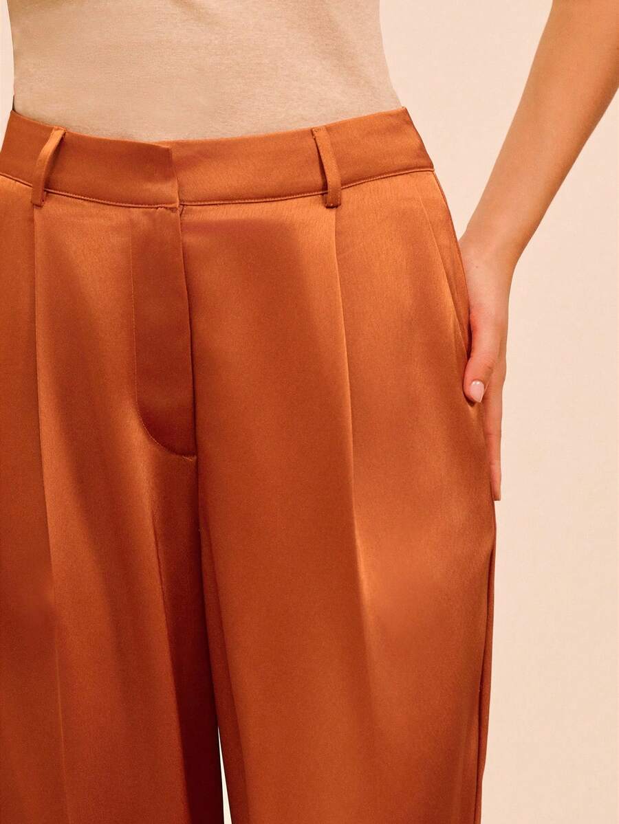 lacRébo Caramel Satin High-Waist Tailored Wide-Leg Pants Fall Spring Summer Office Business Casual French Style Parisian Style - Rust Brown - View 1