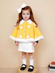 Casaco de Tricô Poncho Floral Amarelo Fofo e Casual para Meninas, Macio e Confortável, Adequado para Uso Diário, Outdoor, Viagem, Férias, Casa, Creche, Outono/Inverno, Natal, Volta às Aulas, Festa, Versátil Suéter de Inverno Natal Halloween Outono Inverno Casacos Suéteres - Amarelo - Visão 3