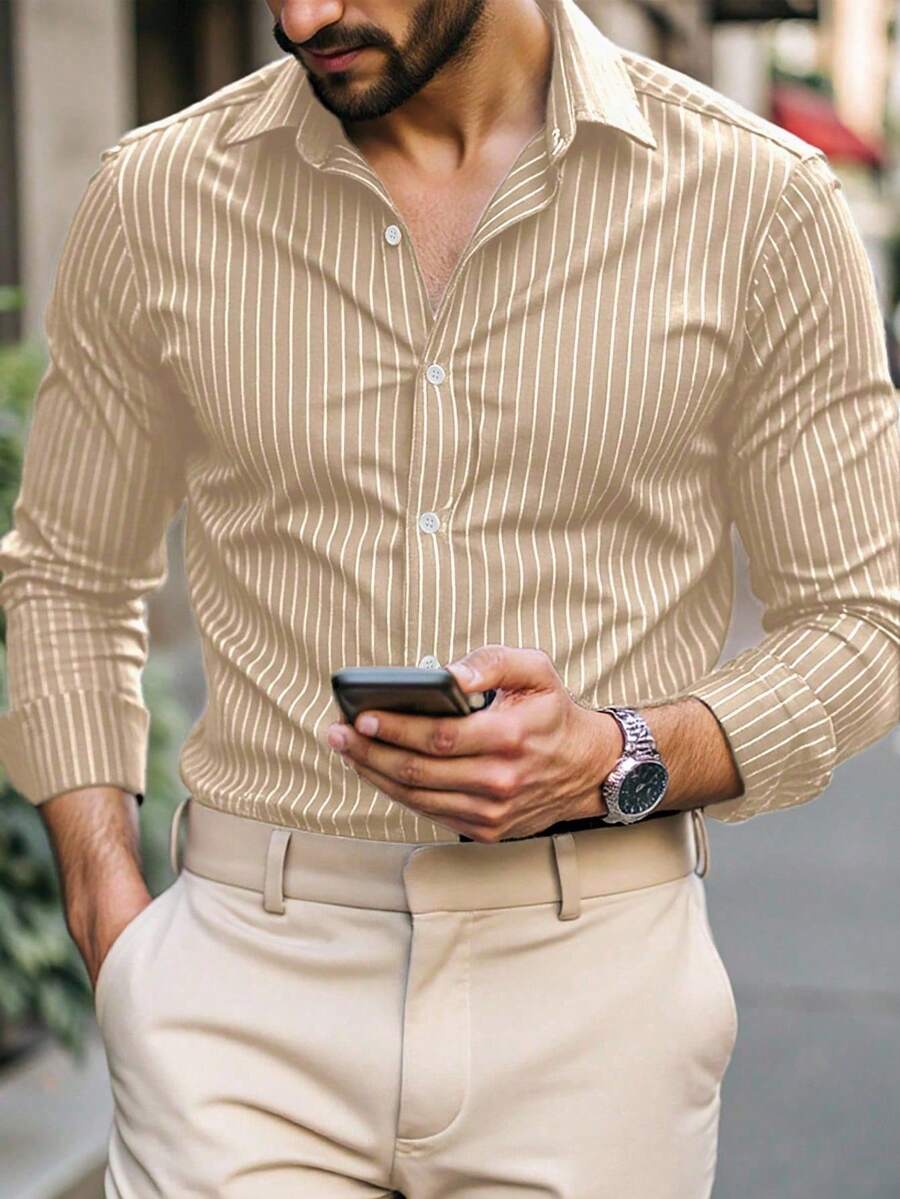 Calvornis 男士翻领条纹长袖衬衫，成熟休闲上衣，男士礼物，商务休闲衬衫，秋季