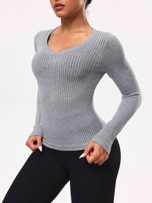 SHEIN Sports Women's Grey Autumn Athleisure Gym Seamless Long Sleeve Deep V Yoga Sports Slim Fit Activewear T-Shirt & Tank Top Ribbed Workout Tummy Control Tops - Grey - View 4