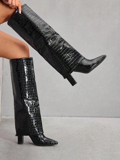 CUCCOO SZL Women's Pointed Toe Chunky High Heel Boots, Black Crocodile Embossed PU Leather, Dual-Layer Material Design, Fashion Minimalist Comfortable For Daily, Party, Banquet, Side Zipper Pull-On