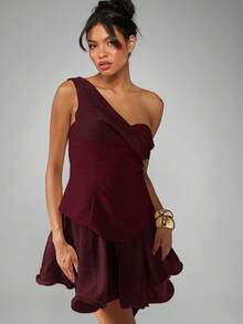 MISSGUIDED One Shoulder Corset Mini Dress With Frill Hem Evening Party Special Occasion Fitted Bodice Flounce Skirt Semi Formal Holiday Ball - Burgundy - View 4