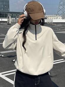 DAZY 女式秋季休闲拉链撞色运动夹克 - 杏色 - 查看 5