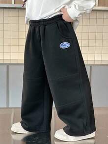 DAZY 男童秋季服装，男童保暖内衬长裤，休闲宽松直筒裤，字母刺绣，秋季街头酷炫风格 - 黑色 - 查看 2