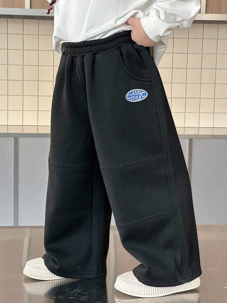 Young Boy Fall Clothes Young Boys Thermal Lined Pants, Casual Loose Straight Leg Trousers With Letter Embroidery, Street Cool Style For Autumn