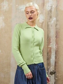 COUREZ Chunky Knit Fitted Cardigan With Rib Hem /Y2K Spring Casual Going Out Tops Women's Spring Sweater Chic Set Festivals - Mint Green - View 2