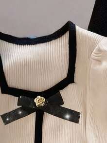 GlowEve 时尚新款拼色方领泡泡袖亮片蝴蝶结玫瑰金属纽扣长袖针织二合一女式短款 T 恤，适合派对、节日、圣诞节、万圣节、度假、约会 - 杏色 - 查看 3