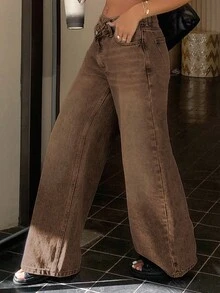 DAZY Jeans de tiro bajo con diseño de cintura baja y pierna recta, jeans de tiro bajo Y2K para mujer - Marrón - Ver 4