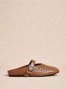 Rosivie Sepatu Selop Datar Wanita, Desain Anyaman Ujung Persegi, Nyaman & Elegan - Coklat - View 4