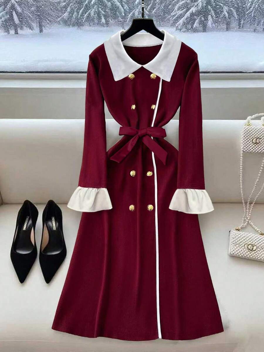 GlowEve 女士秋季优雅长款针织连衣裙 - 紅色 - 查看 1