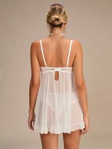 Enchnt 对比色蕾丝荷叶边装饰网眼娃娃装性感内衣连衣裙配丁字裤 - 白色 - 查看 7