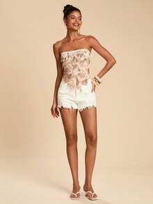 Travachic 女式时尚亮片流苏不对称下摆抹胸上衣，夏季 - 杏色 - 查看 3