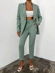 EURMUSE Women's Fashion Double-Breasted Regular Shoulder Long Sleeve Lapel Collar Suit Set - Mint Green - View 5