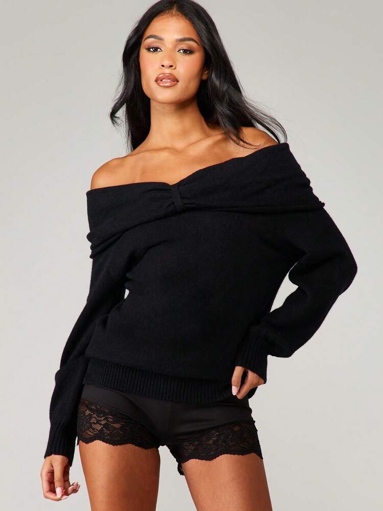 MISSGUIDED Oversized Off Shoulder Ruched Sweater Knit Fall Winter Casual Long Sleeve Drop Shoulder Ribbed Hem Fashion Pullover Jumper