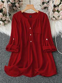 SHEIN Clasi 大码女式休闲纯色卷袖纽扣衬衫 - 紅色 - 查看 5