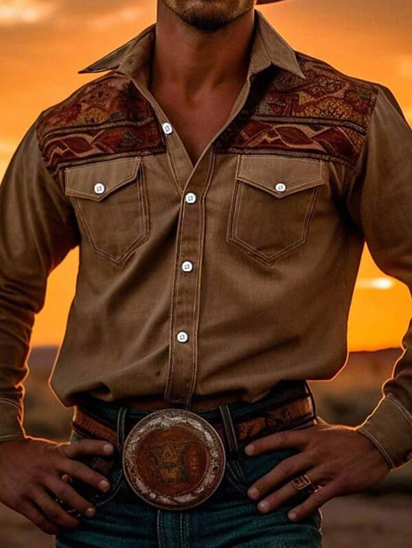 Manfinity Nomadique Manfinity Nomadique Men's Western-Style Brown Loose-Fit Floral Heat-Transfer Long-Sleeve Shirt - Suitable For Halloween, Fall Casual Outings & Western-Themed Events, Also A Thoughtful Gift For Husbands/Boyfriends. Men Cowboy Shirts Western Men Shirt Katseye Men Western Shirts Men Western Tops Lara Croft Rodeo Shirt Men Earning