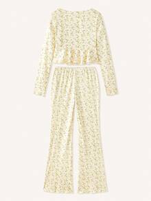 lacRébo Cream Floral Loungewear Set Featuring A Long-Sleeve Top With Ruffles And Bow Details, Paired With Flared Pants Fall Women Clothes Spring Summer - Multicolor - View 10