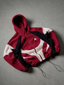 Manfinity EMRG Men's Contrast Color Patchwork Zip-Up Hooded Long Sleeve Jacket, Autumn/Winter Y2k Zip Up Street Wear Jacket - Red - View 4