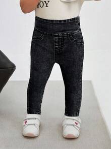 SHEIN Casual Versatile Slim Fit Elastic Everyday Baby Girls Denim - Dark Wash - View 5