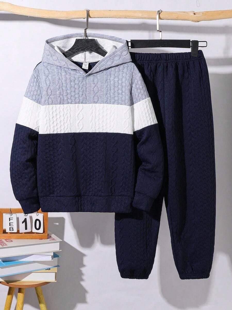 SHEIN Bộ 2 chiếc áo hoodie và quần jogger rộng rãi thoải mái cho bé trai/trẻ vị thành niên - Nhiều màu - Xem 1