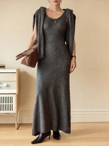 Dazy-Less Set de 2 piezas de suéter y vestido de suéter casual con parches de lentejuelas para mujer, otoño/invierno - Gris - Ver 4