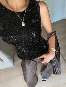Siren Gaze 女式亮片装饰无袖时尚背心，夏季 - 黑色 - 查看 3