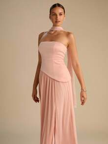 Enchnt 秋冬浪漫女士粉色褶皱公主风抹胸连衣裙，领口系带，时尚优雅，适合派对、约会、假日、毕业典礼、外出、万圣节、圣诞节等场合，秋季女装，秋季服装，秋季套装，狂欢节、新年女装 - 粉色 - 查看 2