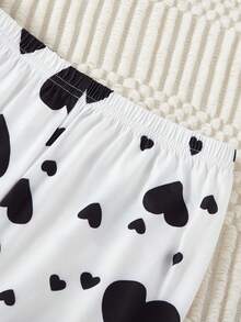 Tween Girl Heart Print Contrast Piping Lettuce Trim Bow Front Top & Pants Pajama Set, Spring/Autumn - Multicolor - View 7