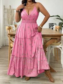 Vionelle 大码女式太阳裙，蓝色底色花卉印花 V 领无袖长款休闲度假连衣裙 - 彩色 - 查看 5