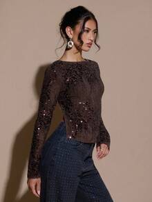 SHEIN BAE Women's Fashionable Sexy Sequin Backless Long Sleeve T-Shirt