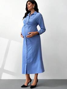 MaterniWear 孕妇休闲前扣扭结连衣裙，秋季 - 藍色 - 查看 4