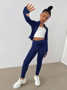 Tween Girl Black Mock Neck Zip-Up Knit Activewear Set With Leggings, Sports Set, Athleisure Set, Jogging Outfit - Navy Blue - View 5