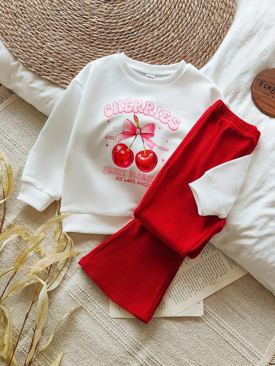 SHEIN Vintaside Kids 两件套女童字母印花卫衣和喇叭裤,休闲宽松户外运动套装,秋冬季 - 酒紅色 - 查看 1