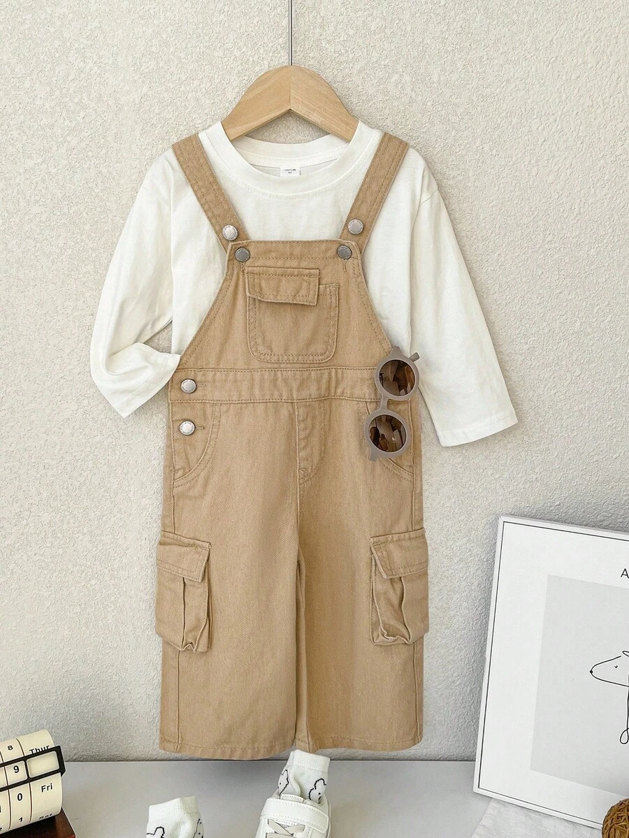 SHEIN 男童卡其色牛仔宽松背带裤 - 卡其色 - 查看 1