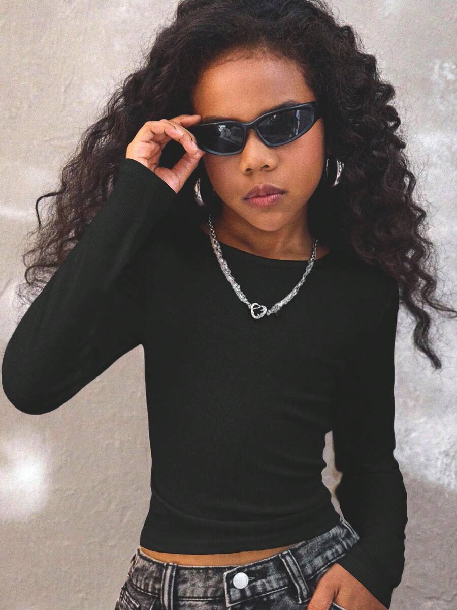 Coolane 青春期女孩四季纯色褶皱侧短款 T 恤 - 黑色 - 查看 1