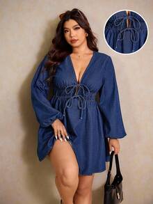 Elaquor Váy denim tay loe thời trang cỡ lớn đi làm - Màu xanh lam - Xem 1