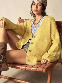 Bohemela Áo khoác ngoài phong cách Boho Thu/Đông, Áo cardigan dệt kim dáng rộng màu mơ cổ điển dành cho nữ, màu trơn, cài khuy phía trước, chất liệu lông xù, kiểu dáng miền Tây, thích hợp cho các buổi hòa nhạc, kỳ nghỉ, đi học, đi chơi, Giáng sinh và Năm mới. - Màu vàng ngỗng - Xem 2