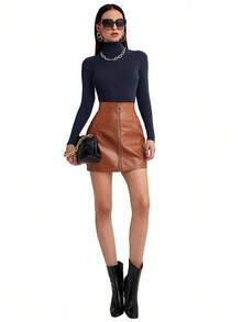 BizChic 女士纯色高领长袖修身毛衣，都市通勤商务休闲装，适合OL、教师穿着，经典款式，优雅圣诞新年之选 - 藏蓝色 - 查看 5