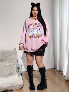 SHEIN CURVE+ Plus Size Women Casual Halloween Graphic Print Loose Fit Crew Neck Long Sleeve Sweatshirt, Autumn/Winter Ghost Sweatshirt Fall/Autumn /Winter - Pink - View 4