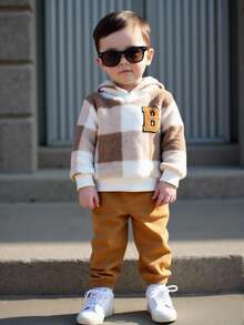 Playful Pals 幼儿男童休闲格子连帽拉链运动衫和松紧腰裤套装，冬季 - 卡其色 - 查看 6