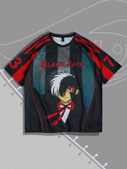 Black Jack X ROMWE T-shirt à col rond à manches courtes avec figure de dessin animé graphique, style punk de rue pour hommes