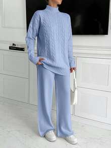 EURMUSE Women High Neck Sweater And Maxi Sweater Skirt 2 Two Pieces Set Co-Ords - Baby Blue - View 4
