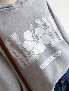 Teen Girls Casual Loose Fit Blue & White Floral & Letter Print Sweatshirt Fall Winter - Grey - View 3