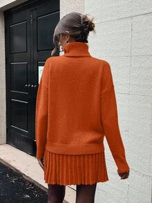 SHEIN Clasi 2 pezzi/set maglione a collo alto e gonna in maglia a tinta unita, autunno/inverno - Arancione Corallo - Visualizzare 2
