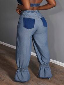 Slaydiva Quần jean ống rộng thời trang cạp cao thiết kế khóa kéo viền nhún cho nữ cỡ lớn - Rửa tối - Xem 3