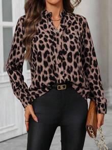 EMERY ROSE Women's Casual Leopard Print Long Sleeve Shirt Leopard Print Shirt Cheetah Print Shirt Animal Print Top - Pink - View 3