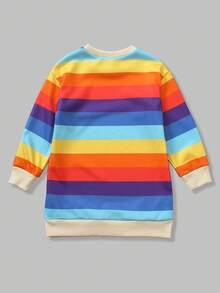 SHEIN Explorewe Young Girls Dress,Casual Long Sleeve Sweatshirt Dress With Plaid Skirt Hem,Ribbed Collar Patchwork,School,Orange,Autumn,Pride Month Spring/Autumn - Multicolor - View 2